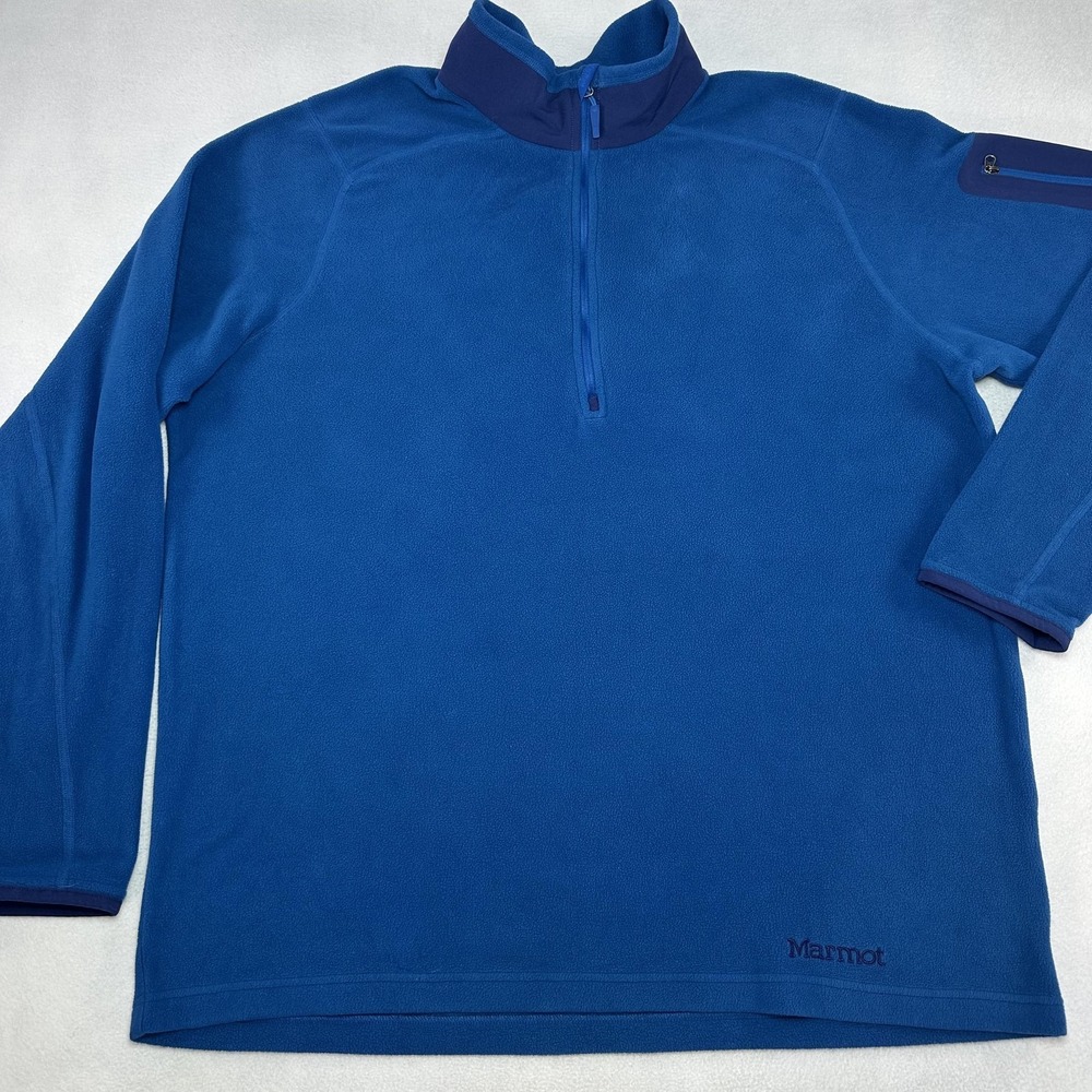 Marmot Polartec Pullover Mens XL Blue 1/4 Zip Fleece Sleeve Pocket Hiking Fish